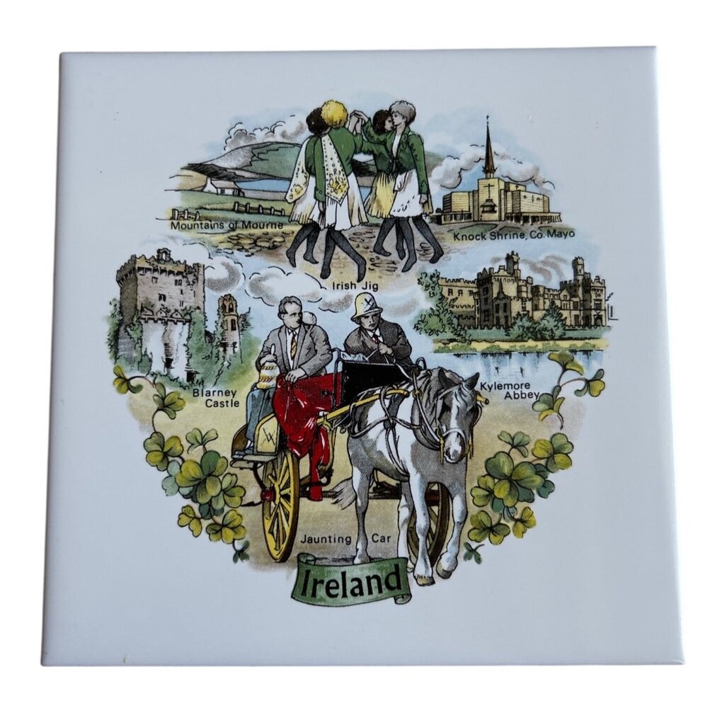 Vintage Irish Souvenir Ceramic Cork-Backed Trivet With Scenic Landmarks